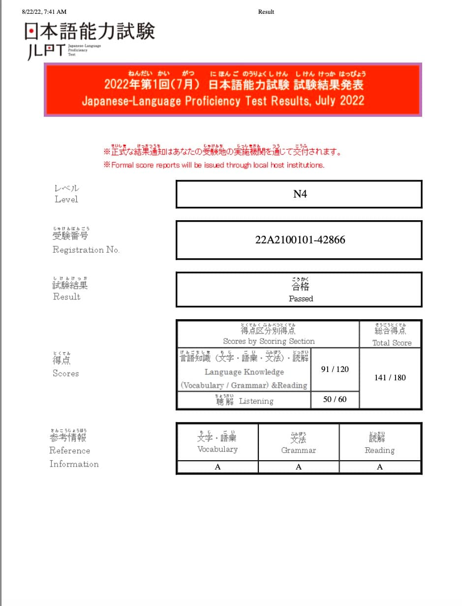 JLPT N4合格証明書。